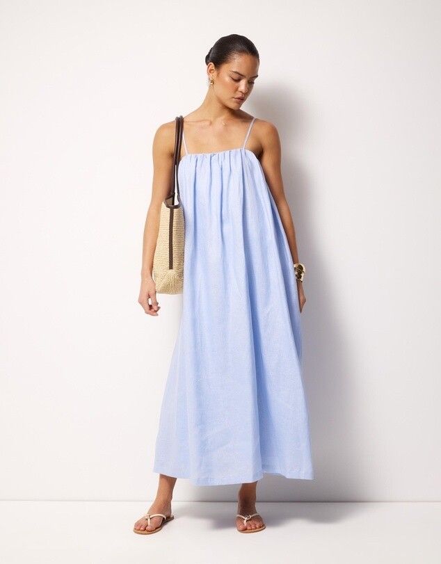 Aere Liv Linen Gathered Neckline Midi Dress Bluebell Midi Dress