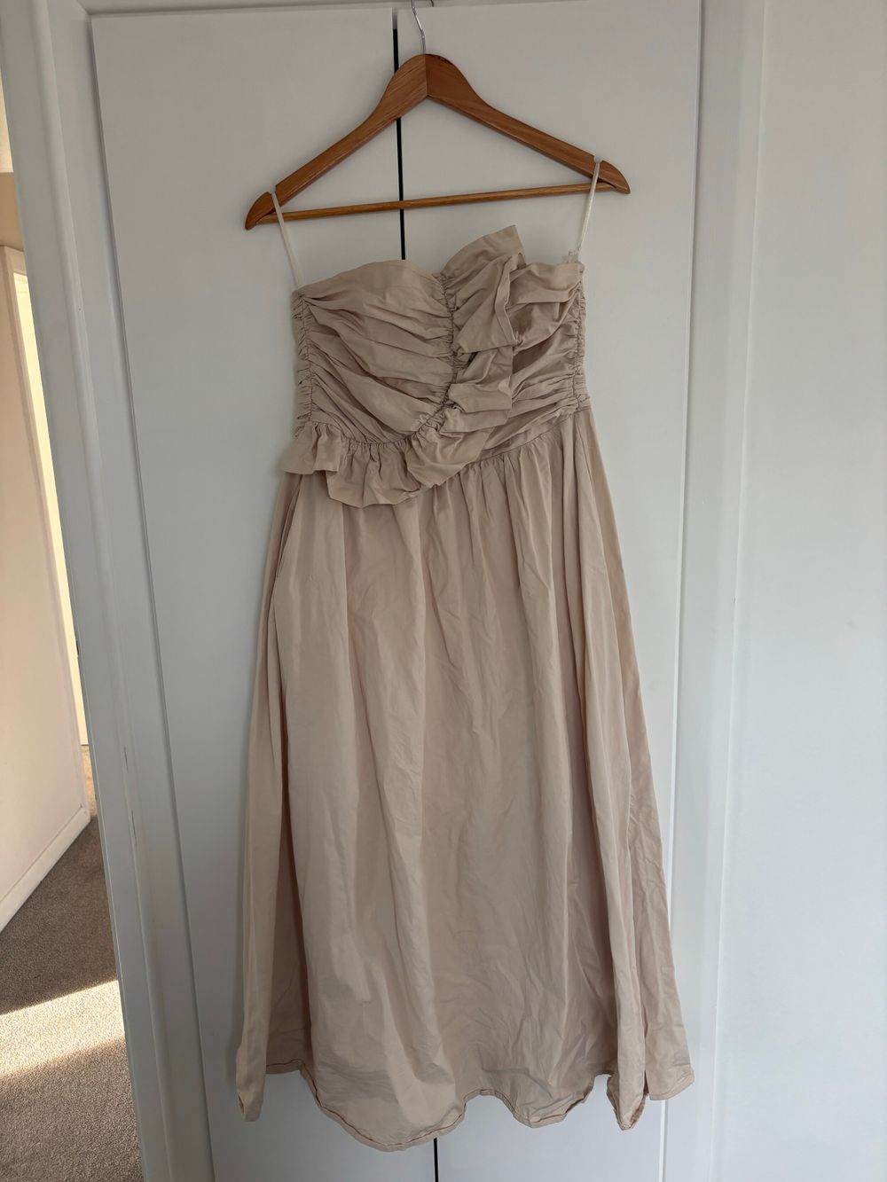 DISSH Beige Ruched Strapless Maxi Dress