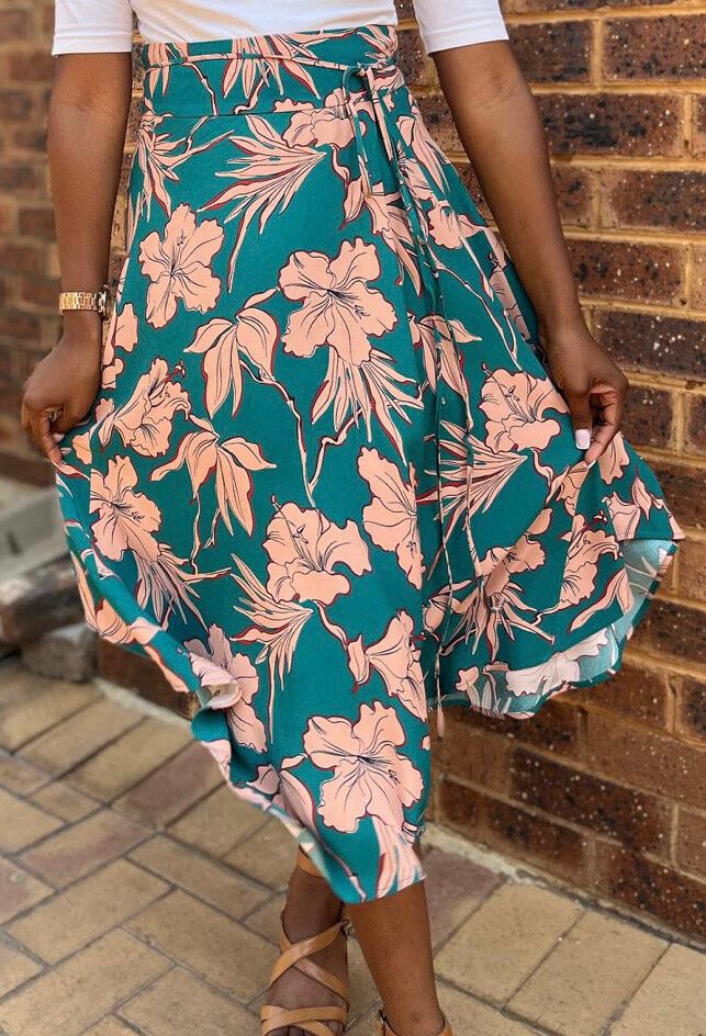 Floral Green Asymmetric Midi Skirt