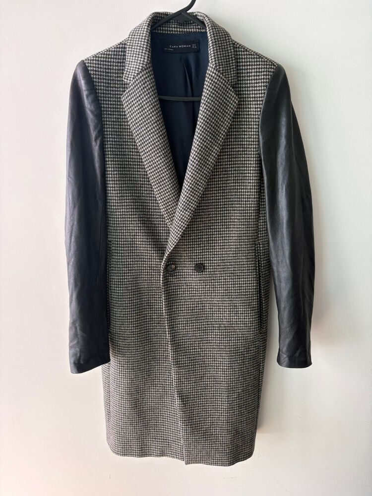 Zara Black Lamb Leather and Wool Blend Coat