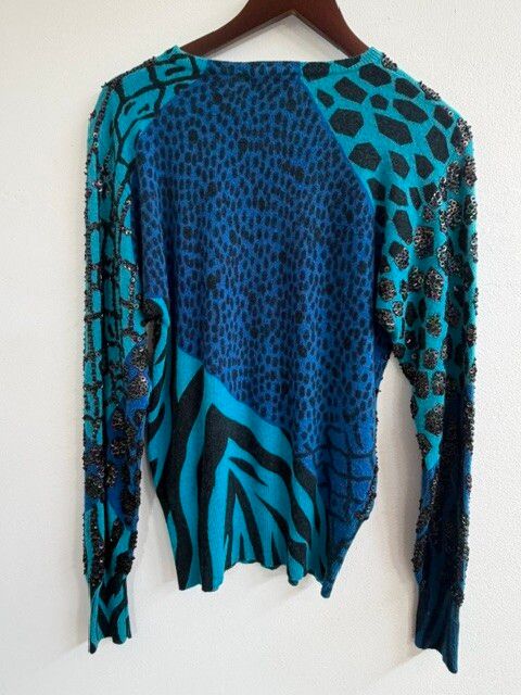 Euro Chic Rubi Pesini Blue Animal Print Sequin Jewel Lambswool Angora Jumper