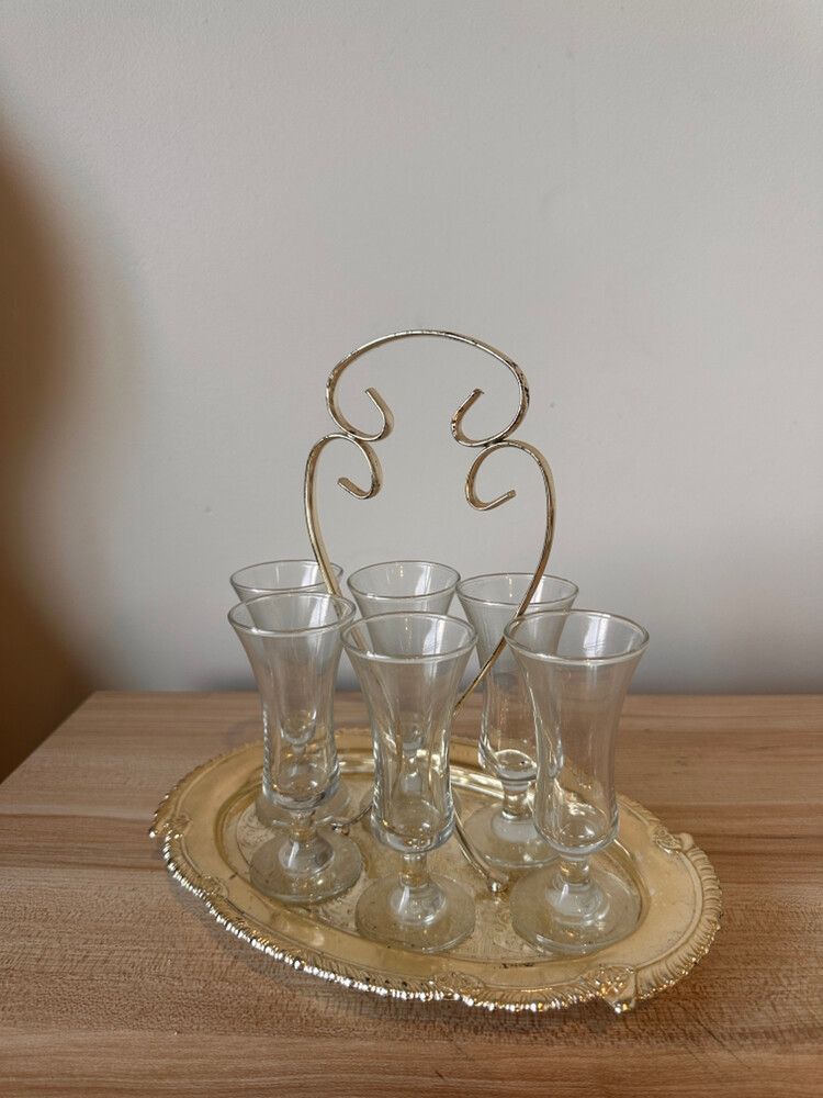 Vintage Shot Glass Set w Silver Tray
