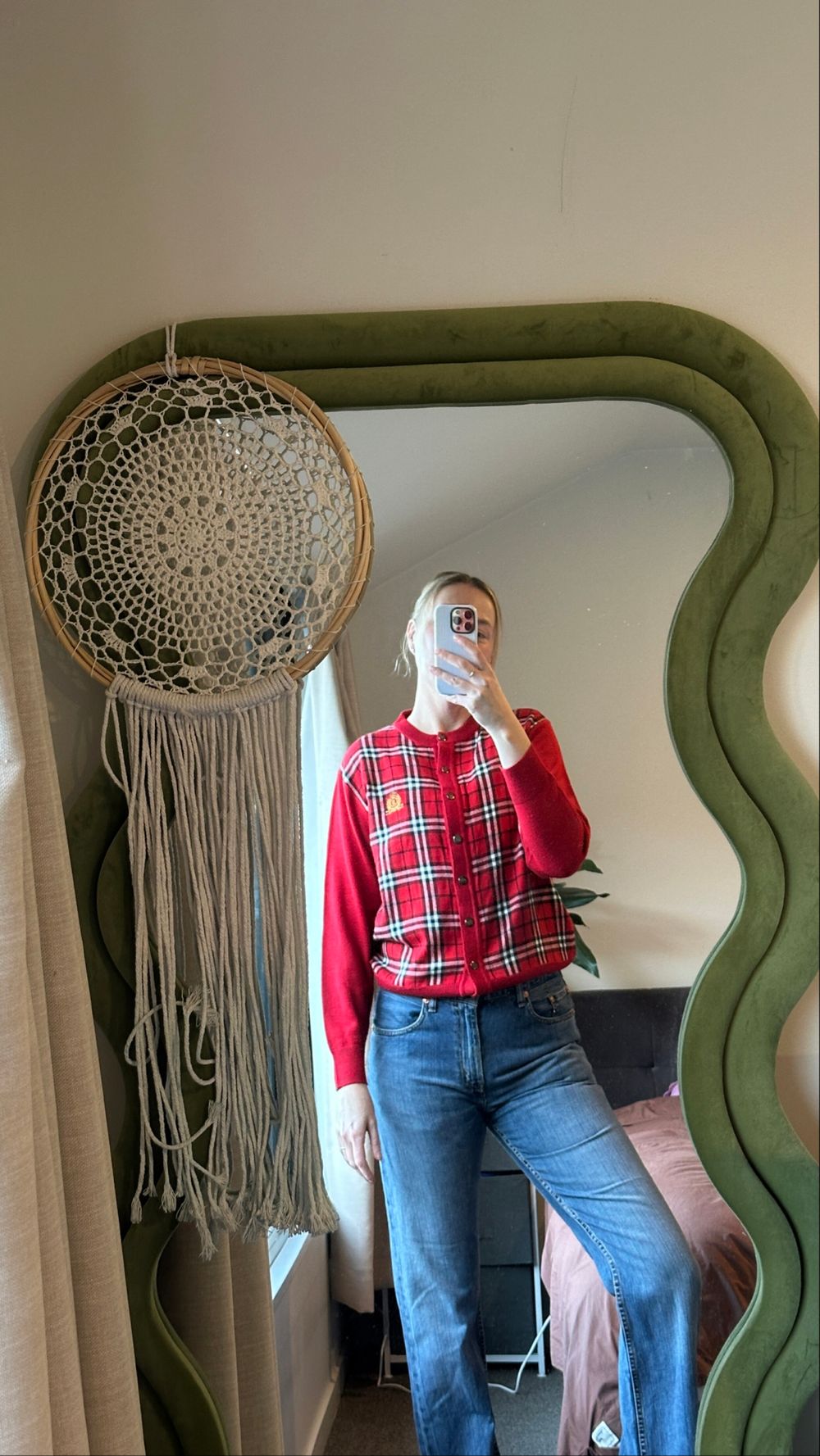 Genuine Vintage Burberrys Red Plaid Wool Cardigan