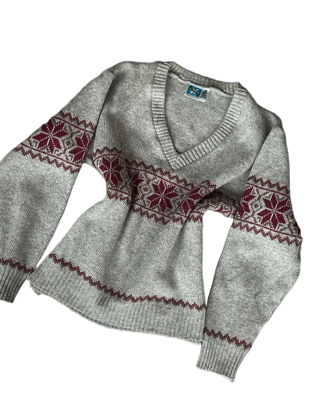 Norsewear Grey Fair Isle V-Neck Wool Jumper