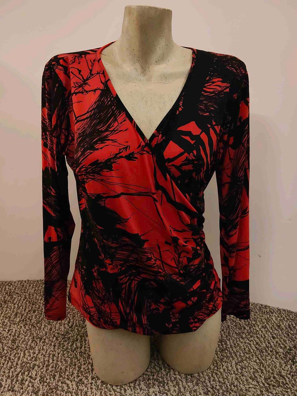 Red and Black Abstract Print Wrap Top