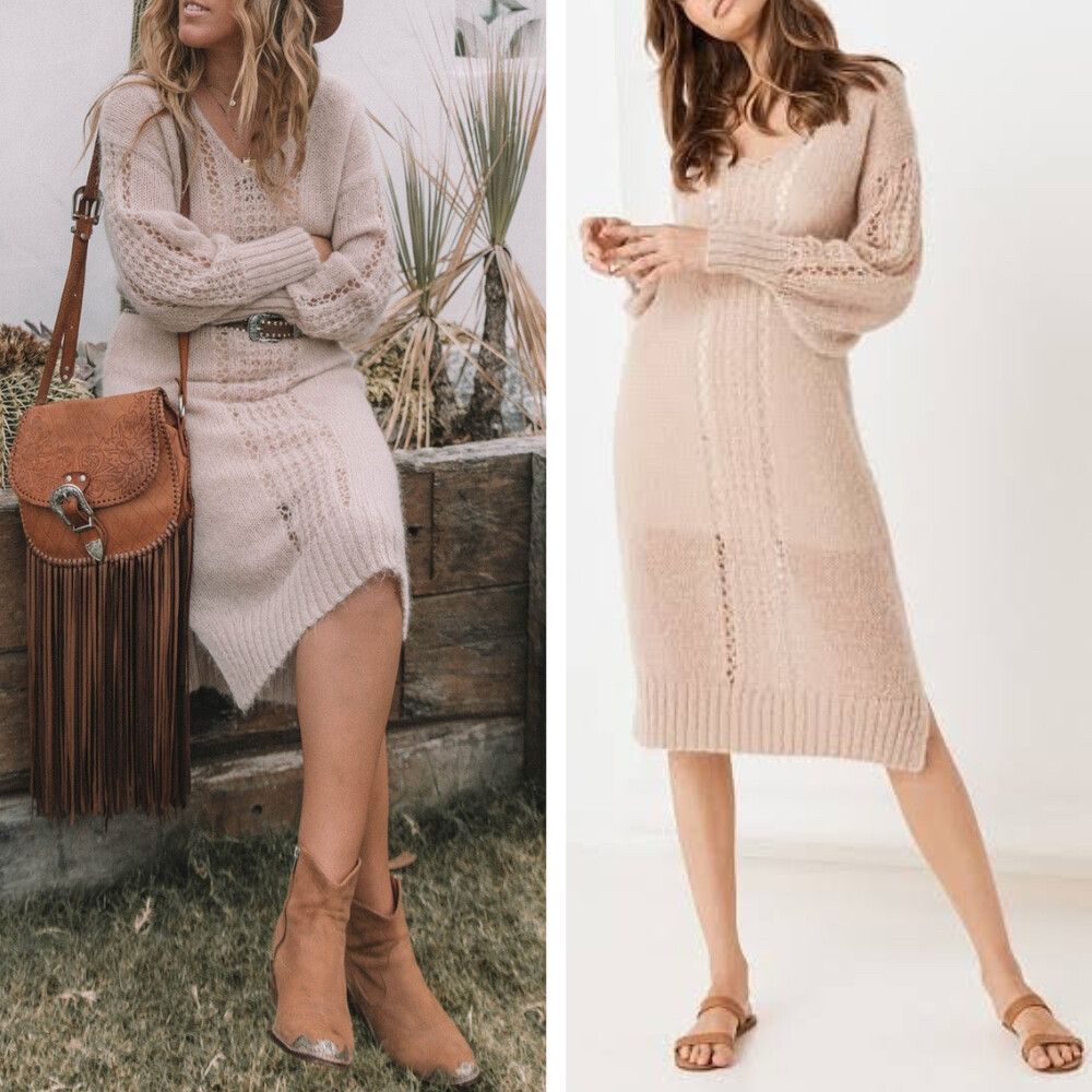 SPELL Dress Size M - L / US 6 8 Beige Mohair Wool Knit Midi Lined Boho