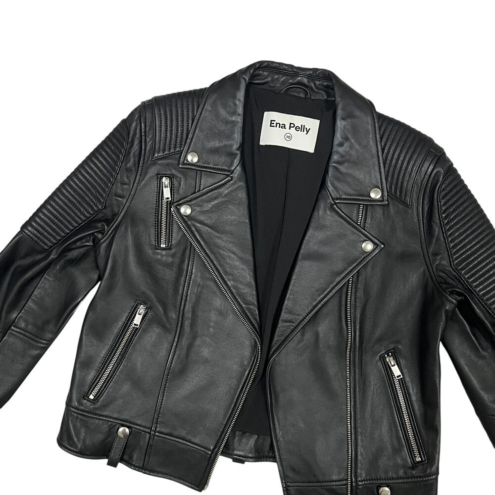 Ena Pelly Leather Jacket Size Small S 10 Soft Lamb Black Classic Biker Zip