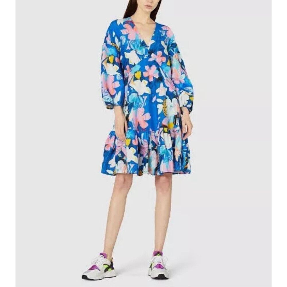 GORMAN Dress x Kaitlin Johnson Size 14 Large L Silk Linen Blue Floral V-neck