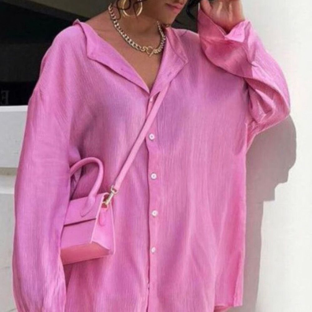White Fox Top Size M - L Pink Crepe Button Up Long Sleeve Shirt