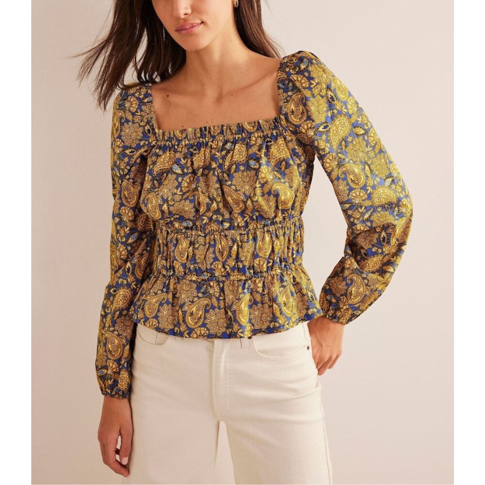 Boden Top Size 10 Small S Ruched Waist Peplum Long Sleeve Elastic Cotton Blouse