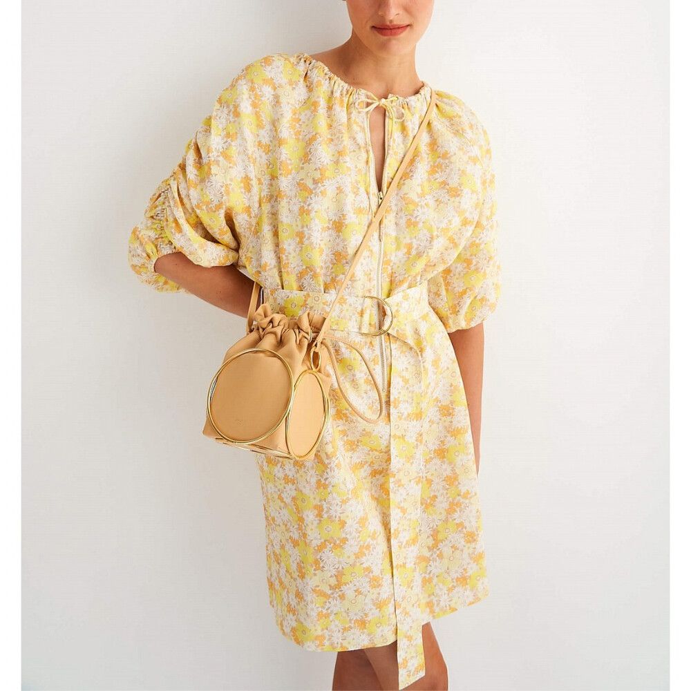 Oroton - Oroton Dress Size 14 Large L / US 10 Sleeve Yellow Floral Print  Linen Belted on Designer Wardrobe