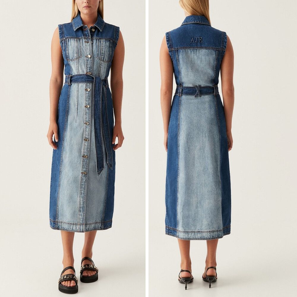 Aje - AJE Dress Darcie Denim Midi Size 8 Small S / US 4 Dual Tone Blue Logo  Belted on Designer Wardrobe