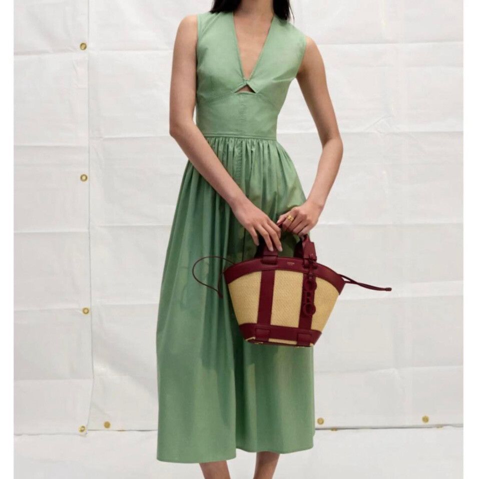 Oroton - Oroton Dress Size 14 L - XL / US 10 Midi Sage Cotton Poplin  Sundress Fit & Flare on Designer Wardrobe