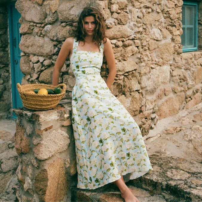 Palm Noosa Dress NEW Size 12 medium M Maxi Rosa Hydrangea Blue Linen Party