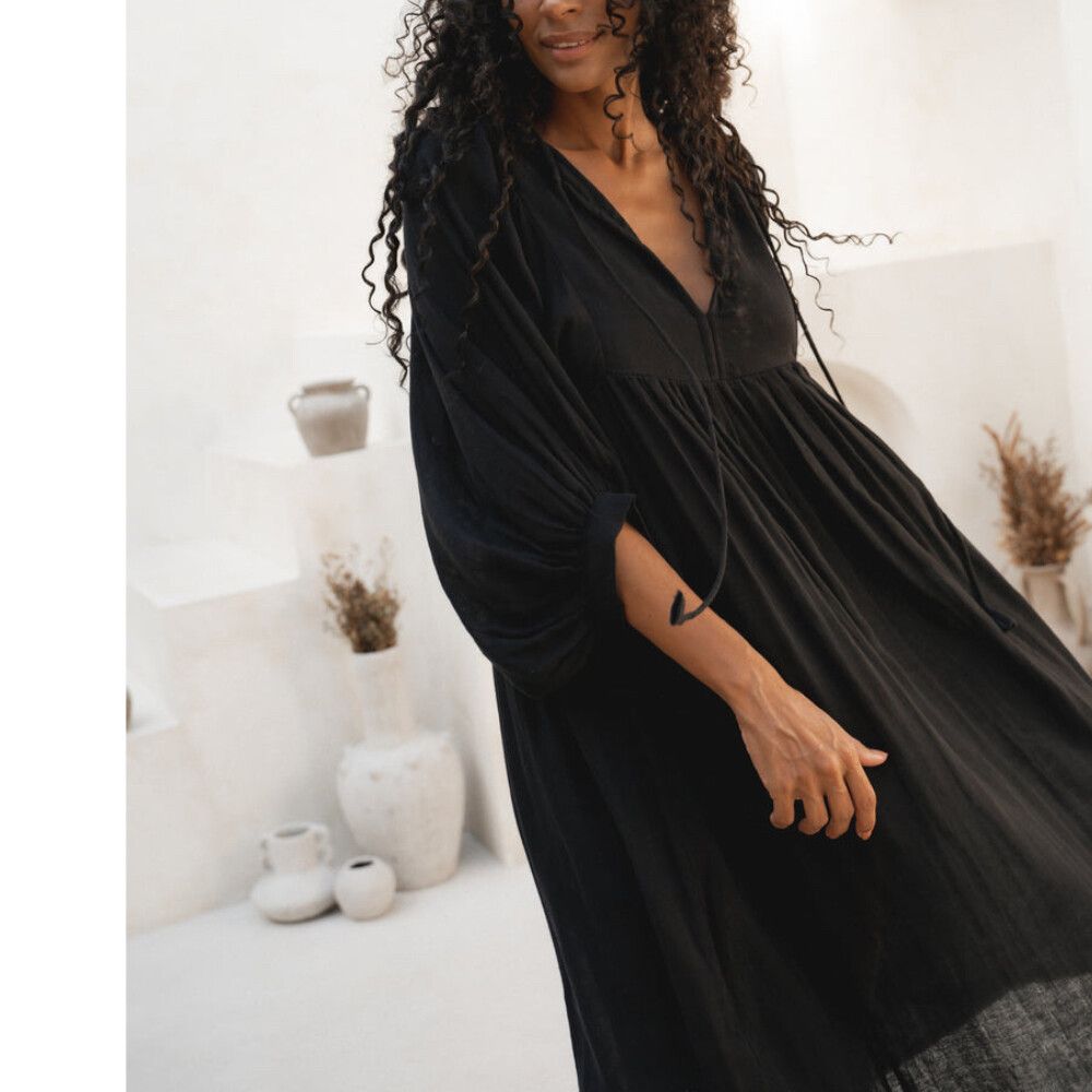 Daughters Of India Dress Plus Size 2XL / AU 16 - 18 Kyra Midi Black Cotton Gown