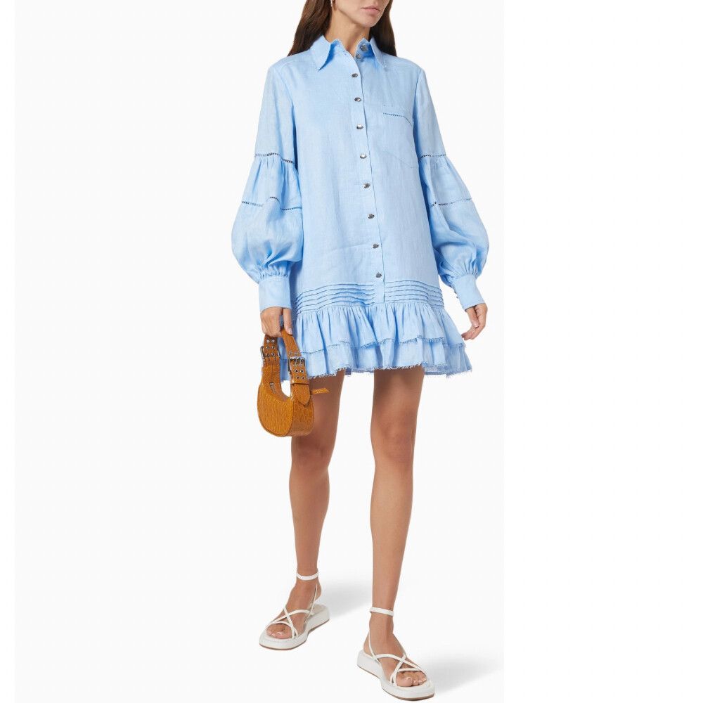 AJE Dress Size XL 14 / US 10 Blue Linen Mini Lotus Shirt Buttons Long Sleeve