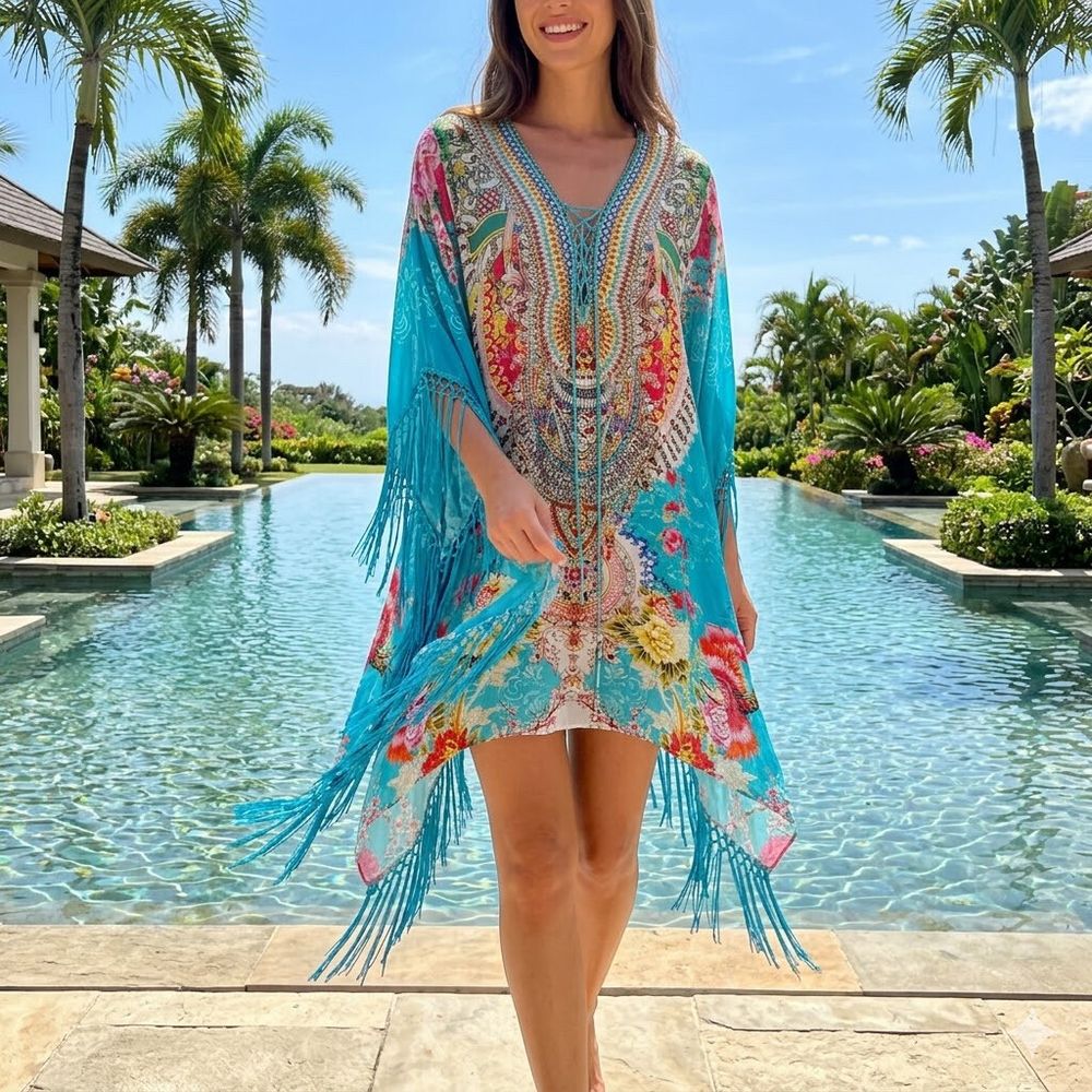 Czarina Dress OS Free Size Silky Blue Print Short Kaftan Tassels Summer Party
