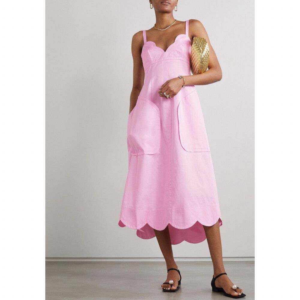 Oroton Dress Size 10 Midi Pink Scalloped Fit & Flare Linen Cotton Formal Party