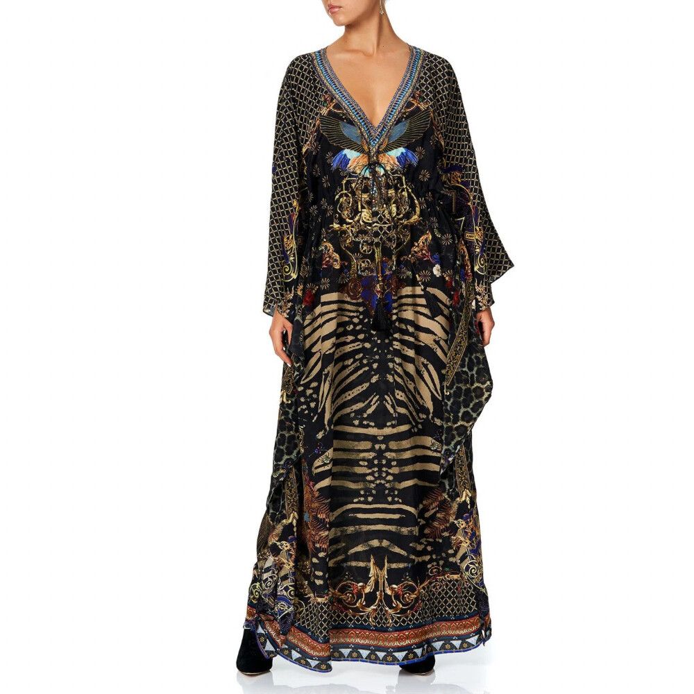 Camilla Dress Size L -  XL / US 10 Silk Maxi LACE UP KAFTAN Kimono Long Sleeve
