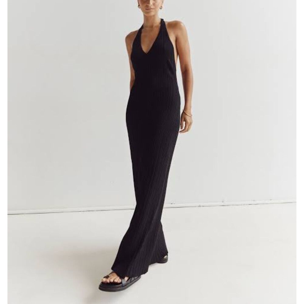Dissh Dress Size XL Sienna Black Plunge Halter Midi Maxi Low Back Halter Ribbed