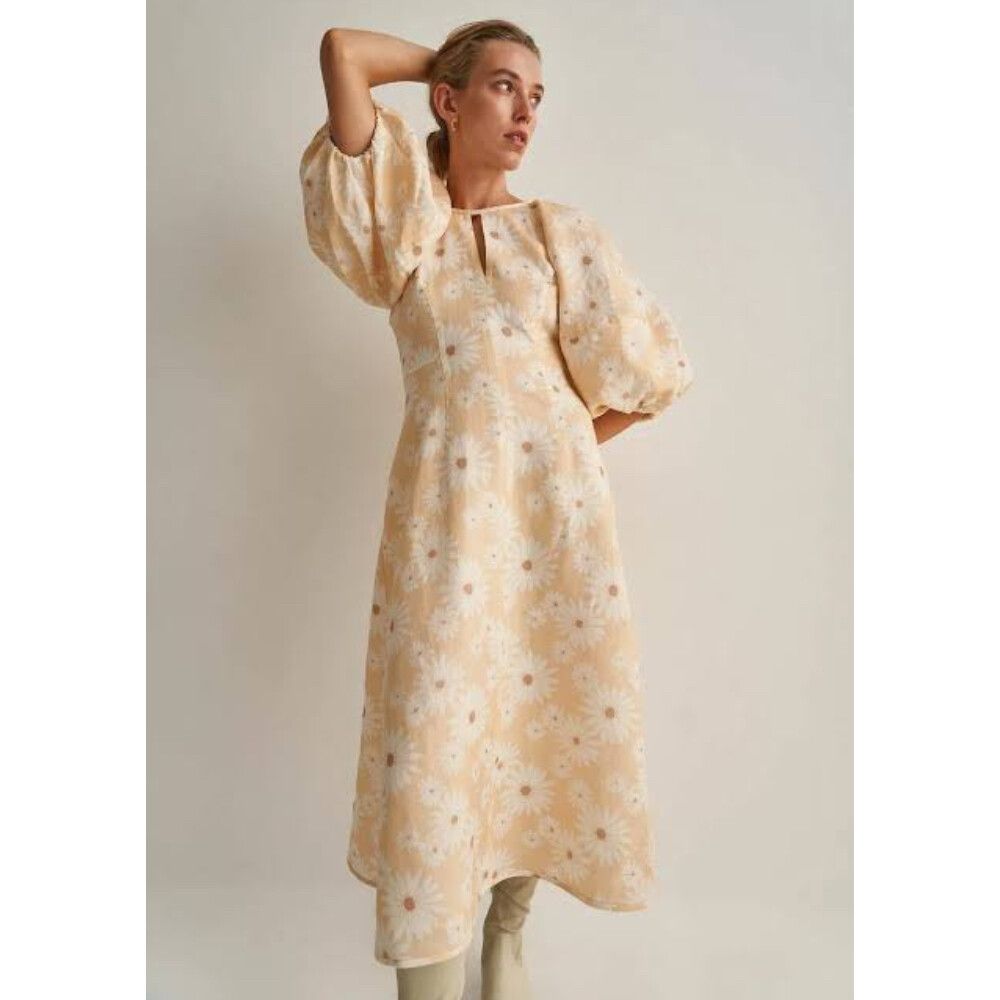 Oroton Dress Size 16 XL / US 12 Daisy Floral Print Linen Midi Fit & Flare