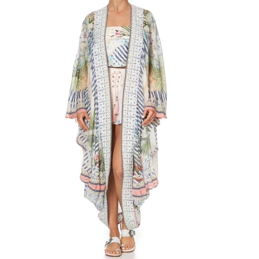 Camilla Jacket OS Free Size Silk Crystal Beach Shack Long Cardigan Cape Kimono