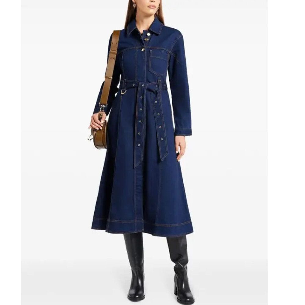 AJE Dress NEW Size 16 2XL / US 14 Resonance Midi Blue Denim Belted Long Sleeve