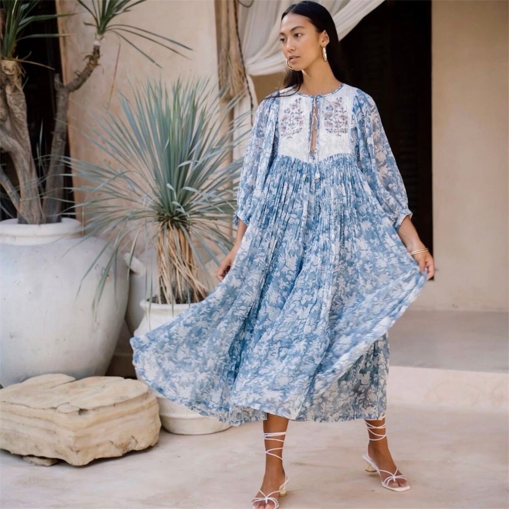 Daughters Of India Dress Size XL 14 - 16 / US 10 12 Jaya Blue Midi Boho Summer