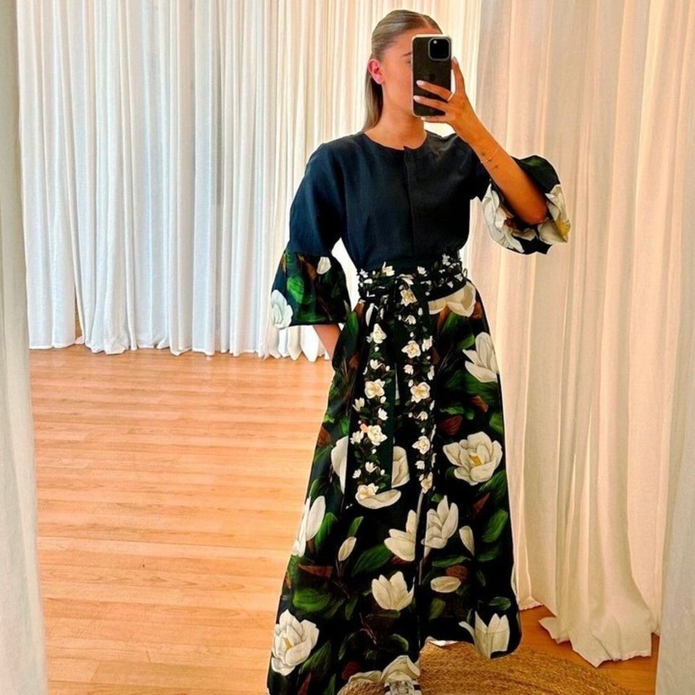 Binny Dress Size 12 M - L / US  8 Adelaide Floral Green Print Midi Linen Belted