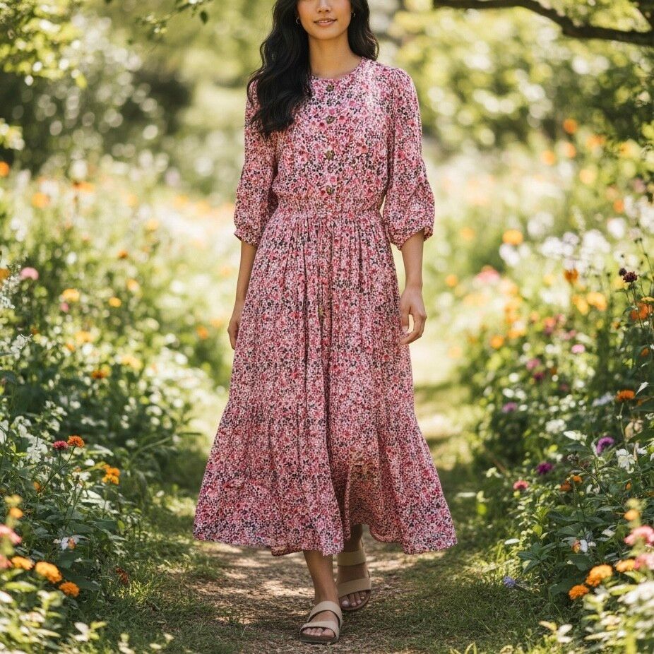 La Boheme Girls Dress OS Size Maxi Pink Floral Print Drawstring Waist Sleeve