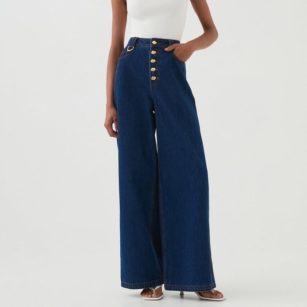 AJE Denim Jeans Size 8 / Small S / US 4 Blue Indigo Carmen Logo Wide Leg Pants
