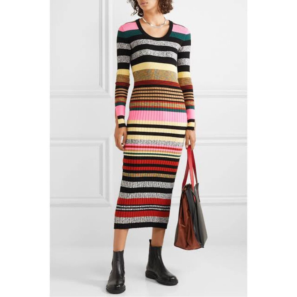 KENZO Dress NEW Size 12 M Medium MIDI Striped Wool Ribbed Knit Sweater BNWT