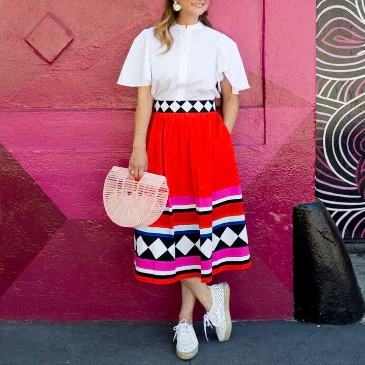 Kate Spade Skirt NEW Size Small S / AU 10 / US 6 Red Geo Border Midi A-line