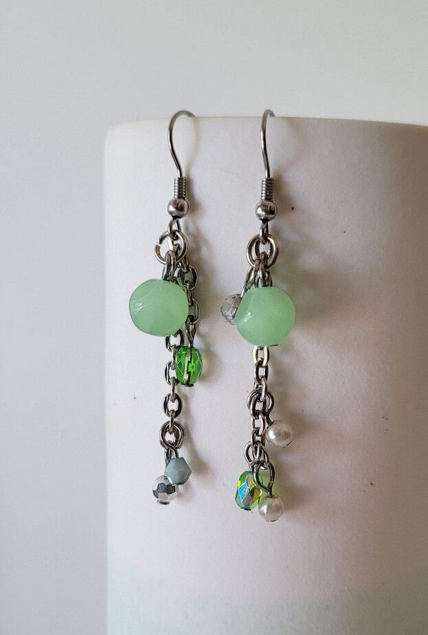 Silver Tone Green Bead Drop Earrings