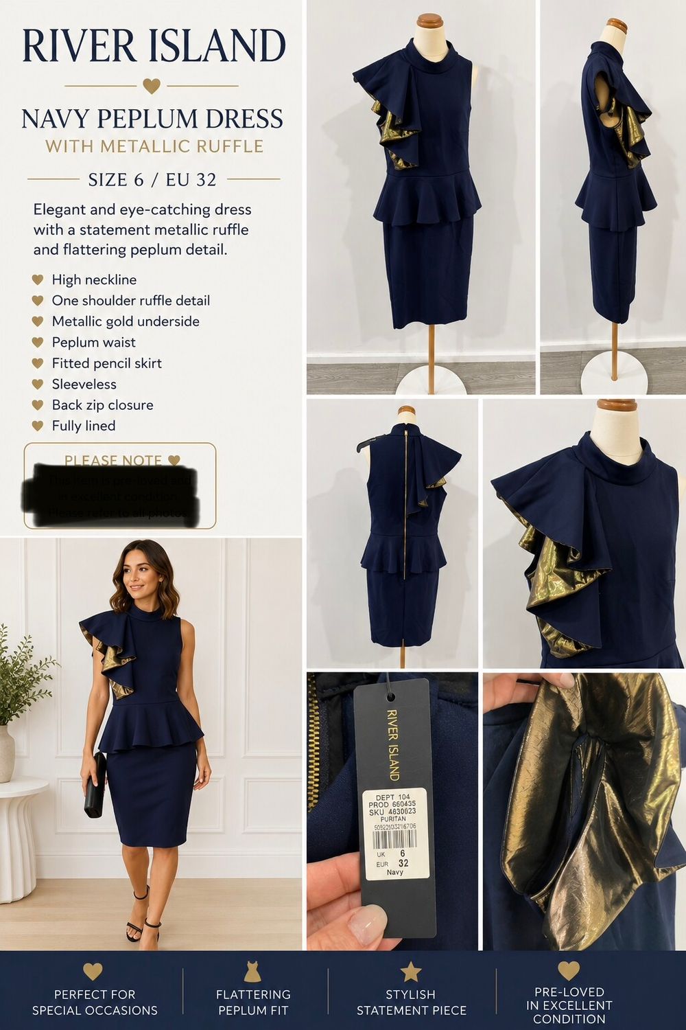 River Island Navy Peplum Dress With Metallic Ruffle