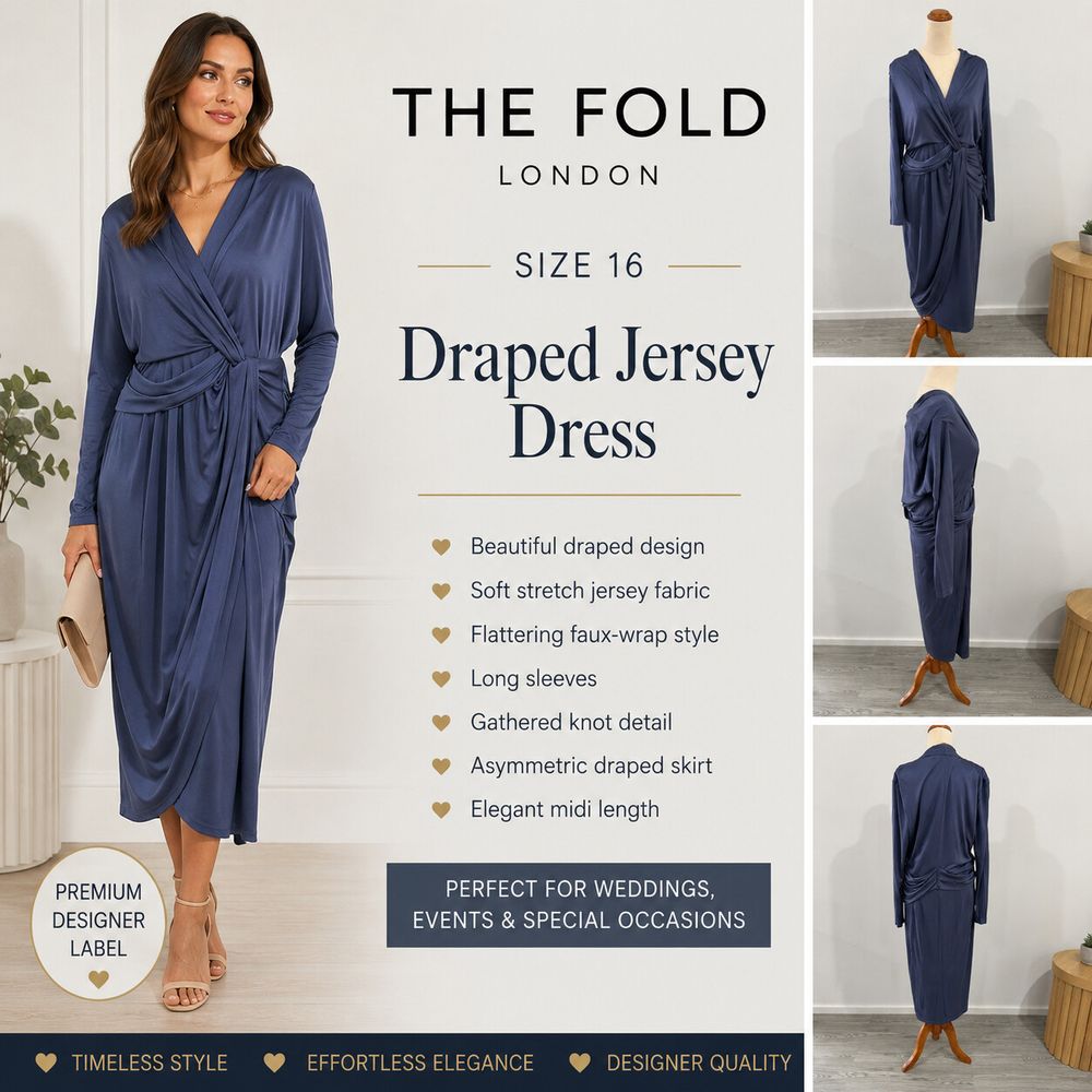 The Fold London Size 16 UK Blue Jersey Dress 100% Silk Long Sleeve Drape Design