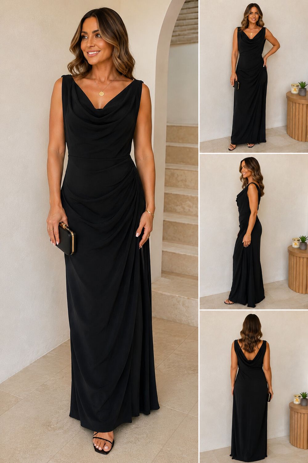 Azzurielle Black Cowl Neck Maxi Dress