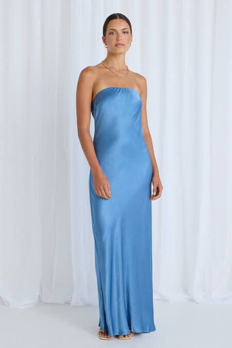 Blue Strapless Bias Midi Dress