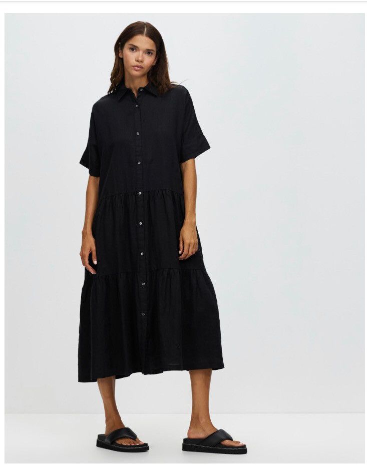 Assembly Label Black Linen Tiered Shirt Dress