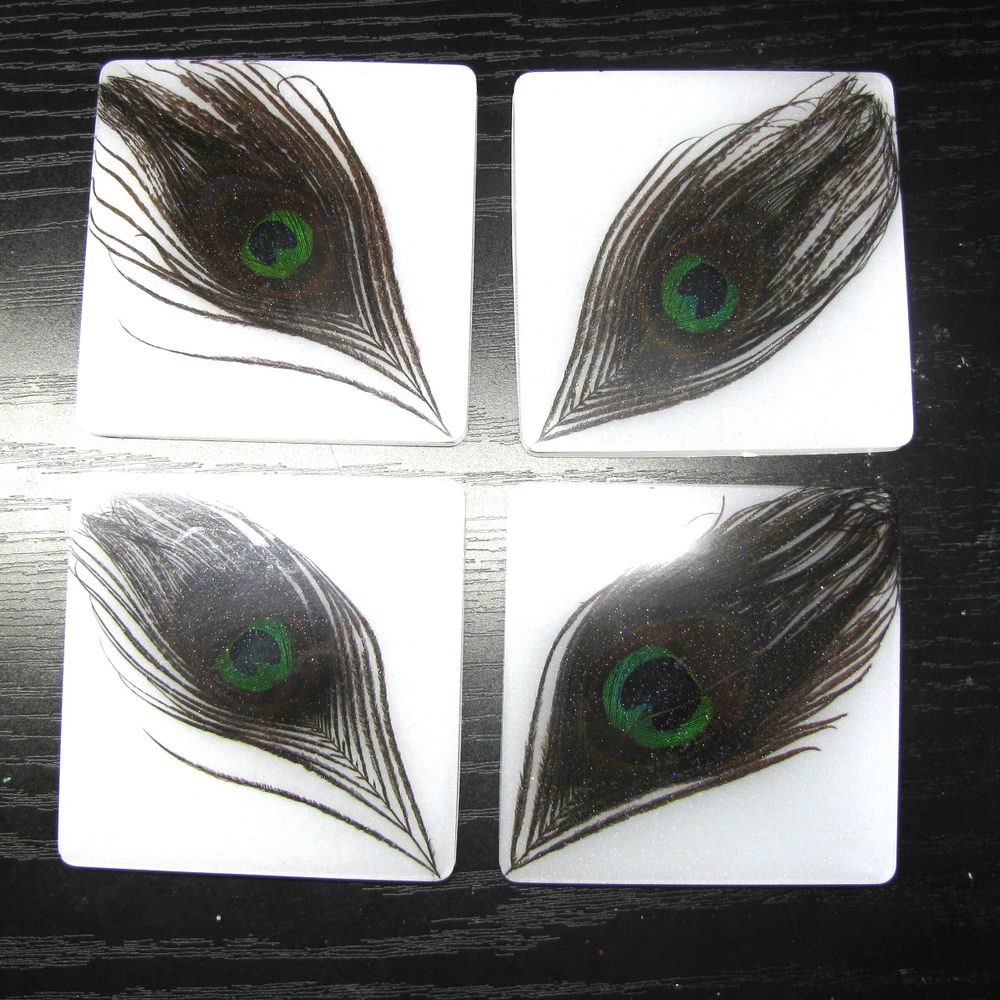 Peacock Feather Resin Coasters - set of 4