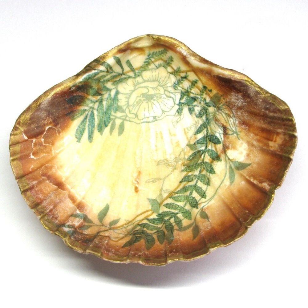 Cream and Green Floral Scallop Shell Trinket Dish