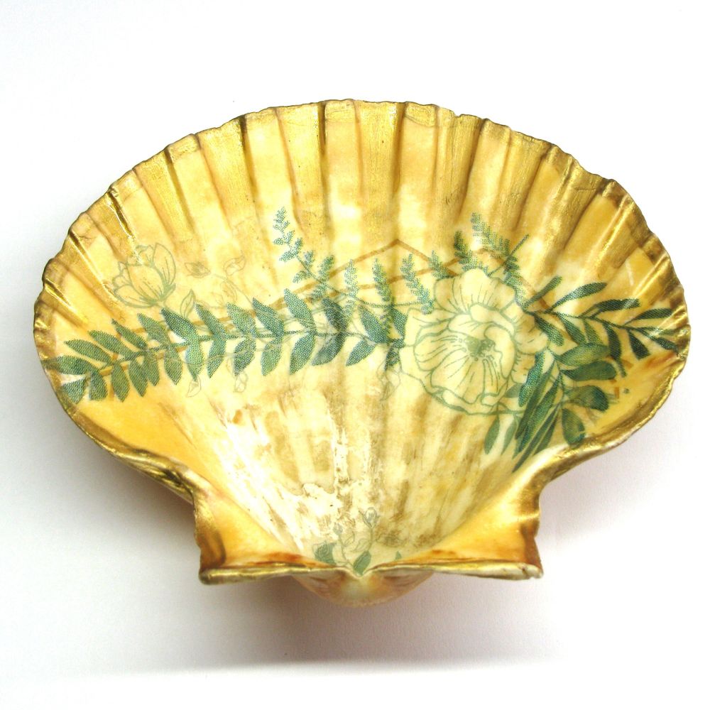 Gold and Green Floral Scallop Shell Trinket Dish