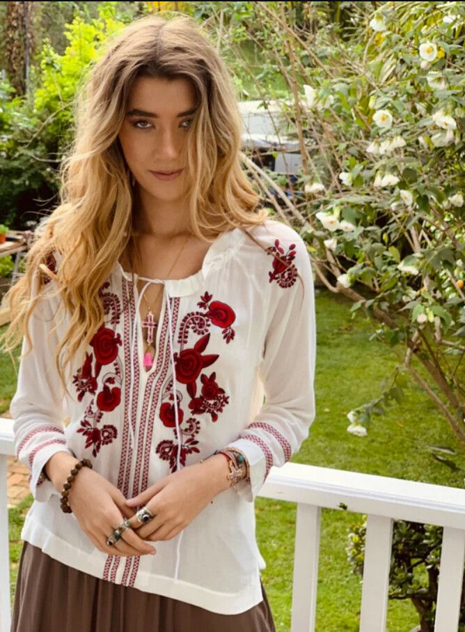 New Boho White LS shirt burgundy embroidery