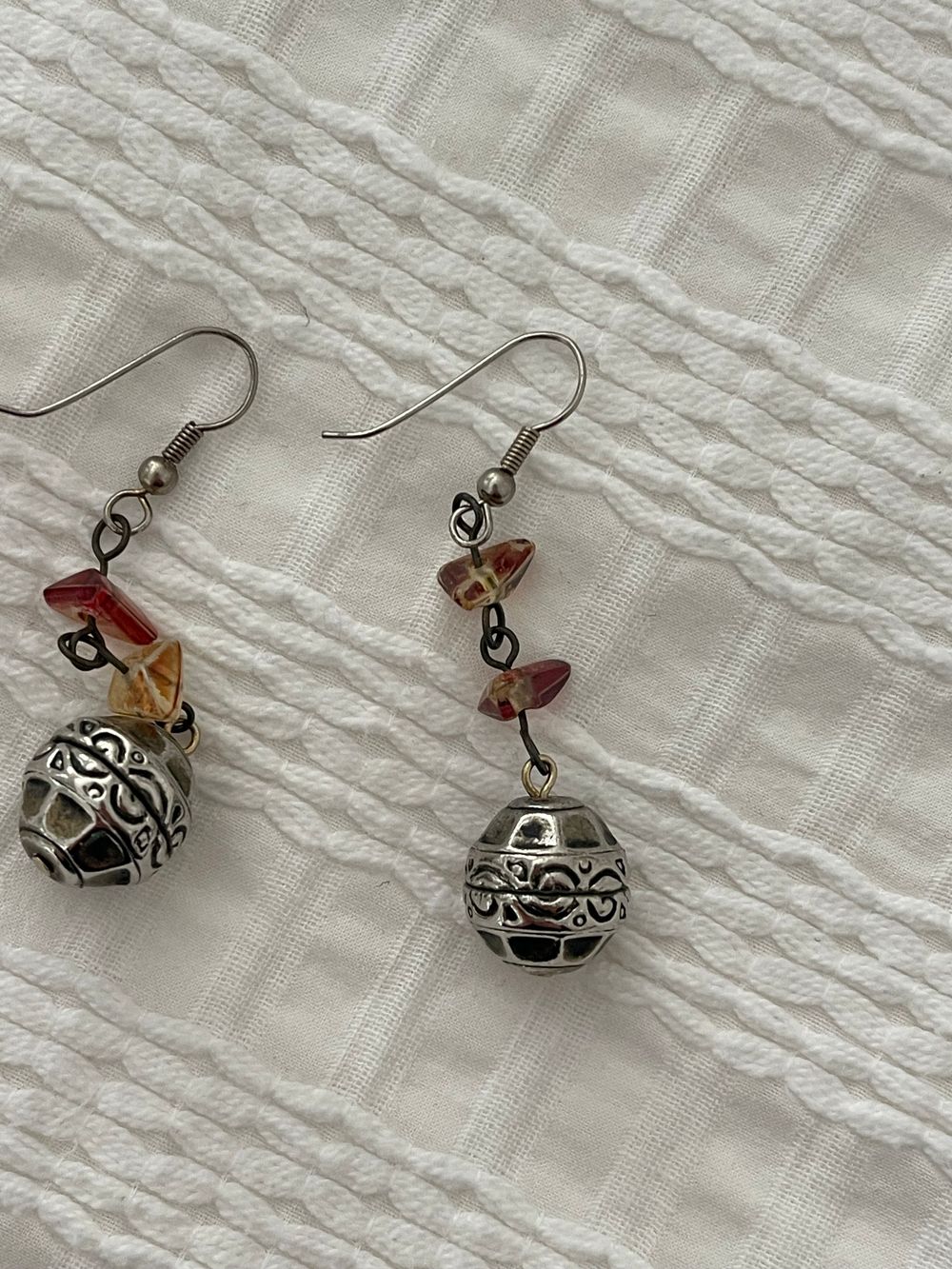 Silver Drop Earrings With Red And Amber Beads