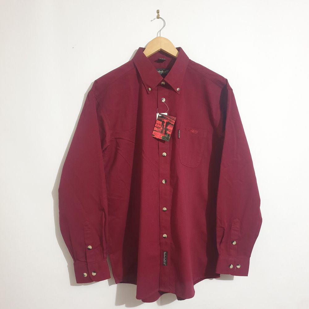 NEW Timberland Shirt Sz L Red 100% Cotton Long Sleeve Button Front Collared Mens