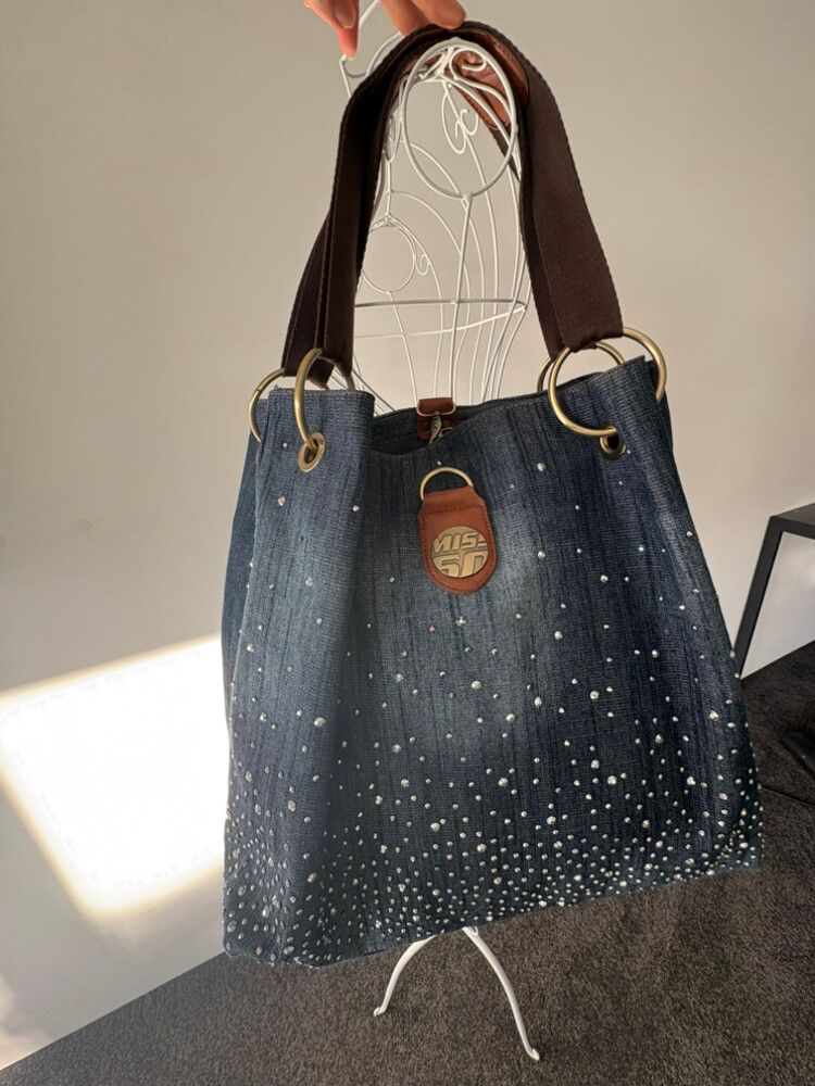 Denim Tote Bag with rhinestones