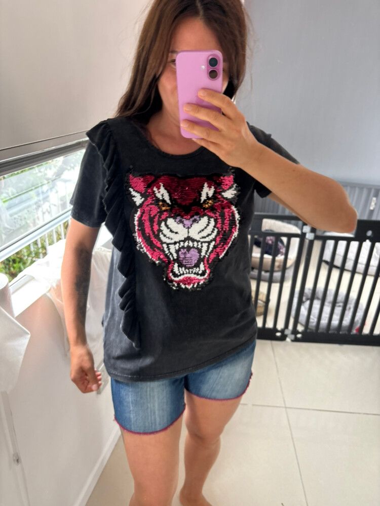 Alaska Tees Black Tiger Sequin Tee