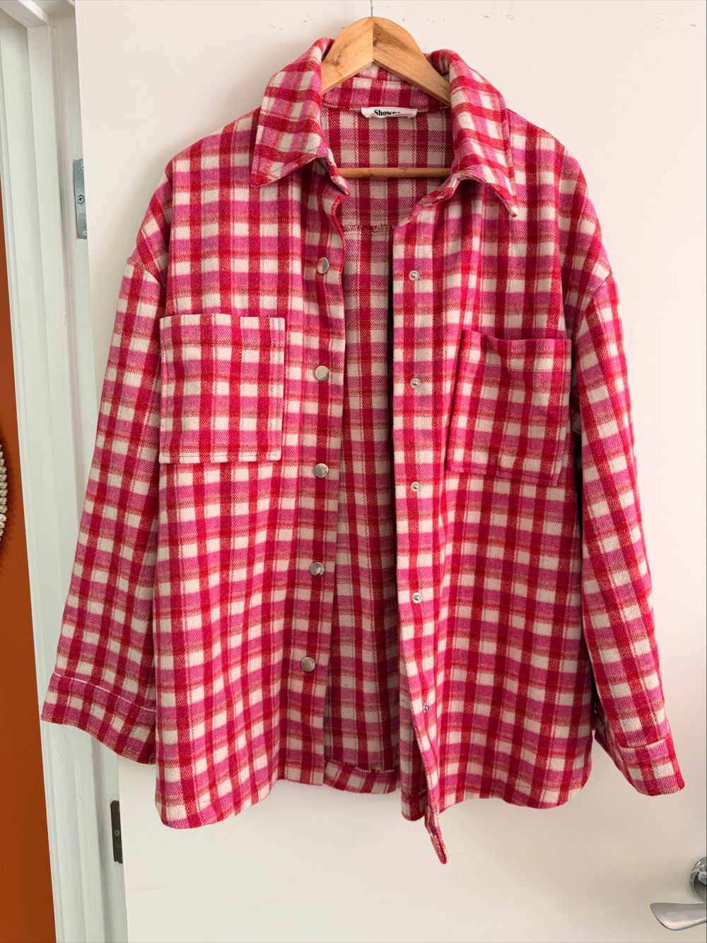 Showpo Pink And White Check Shirt Jacket