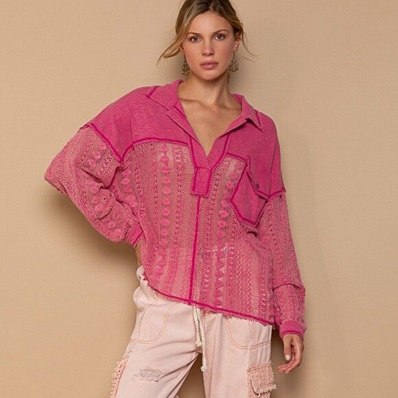 Pol Pink Crochet Waffle Top Size M