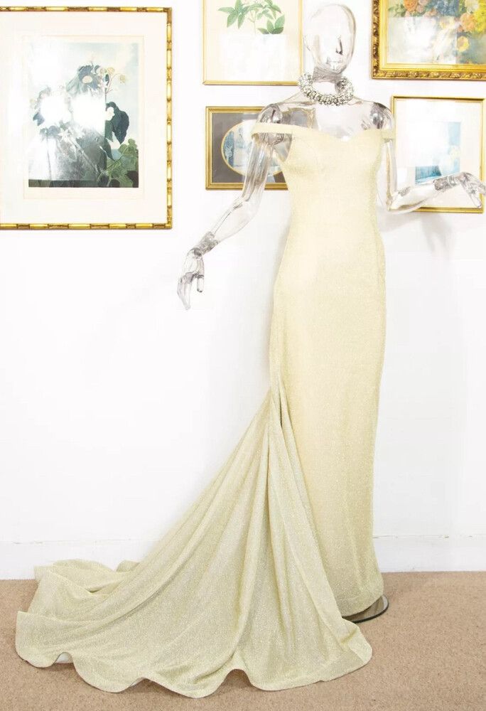 Vintage 1990s Gold Glitter Off-Shoulder Evening Gown Hollywood Glam Dress Size S